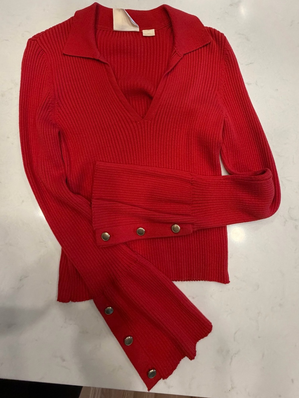 Maeve by Anthropologie red V-Neck Sweater with Button Cuff detail